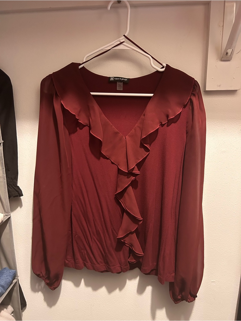 Cable & Gauge Burgundy Ruffle V-Neck Blouse